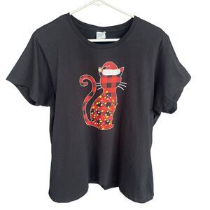 Port & Company Christmas Cat Shirt Womens Size Large TagXXL Black Buffalo Plaid